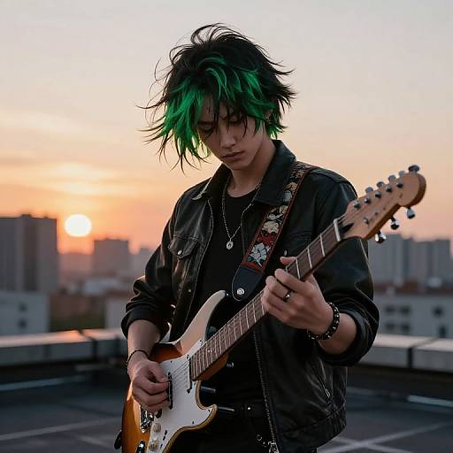 Green-Haired Boy Rocking Rooftop Sunset