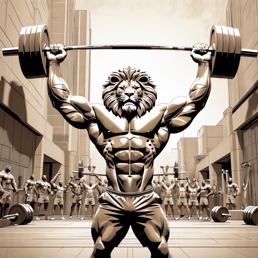 Muscular Lion Lifting Barbell Sketch