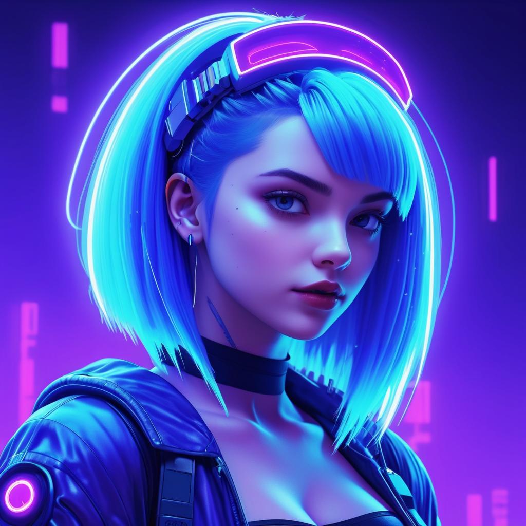 Cyberpunk Girl with Blue Hair and Robot