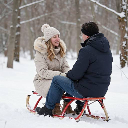 Photograph of a smiling couple seated on a red wooden sled in a snowy forest, wearing winter coats and hats, laughing together.