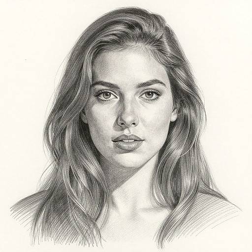 Detailed black-and-white pencil drawing of a young woman with long, wavy hair, neutral expression, and soft shading on a white background.