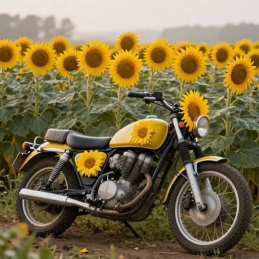 Photograph of a yellow motorcycle with sunflowers, parked in a sunflower field; vibrant yellow flowers in the foreground and background.