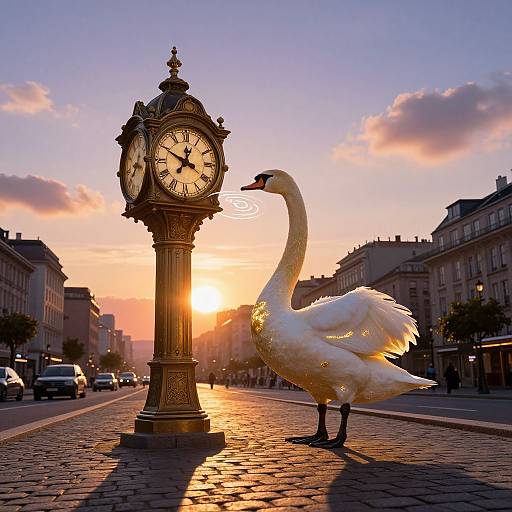 Photograph of a white swan with glowing feathers beside an ornate clock tower at sunset on a cobblestone street in a European city.