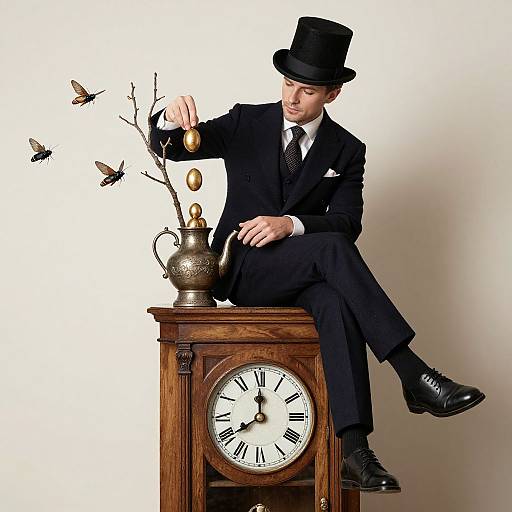 Photograph of a suave man in a black suit and top hat, sitting on a wooden clock, releasing butterflies from a vintage teapot.