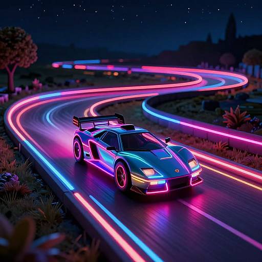 Photograph of a neon-lit, blue Lamborghini with glowing pink and blue lights driving on a winding road at night, with vibrant light trails and