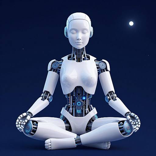 CGI image of a white, robotic woman in a meditative, lotus position against a dark blue background with a small white moon.