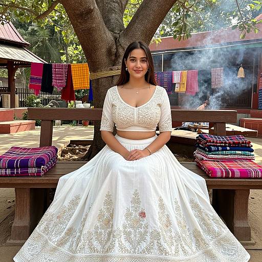 Photograph of a smiling South Asian woman with long dark hair, wearing a white lace crop top and embroidered white skirt, seated on a bench in a