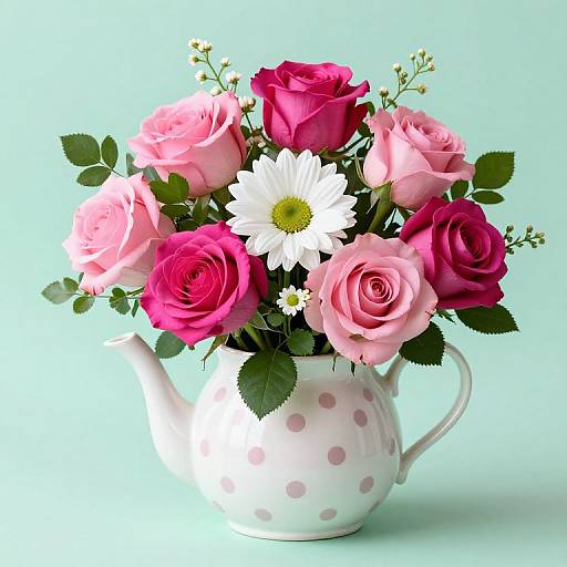 Polka-Dotted Teapot with Rose Bouquet