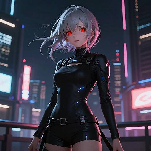 Digital anime-style artwork of a silver-haired woman with red eyes, wearing a black, glossy, tight-fitting leather outfit, standing in a neon-l