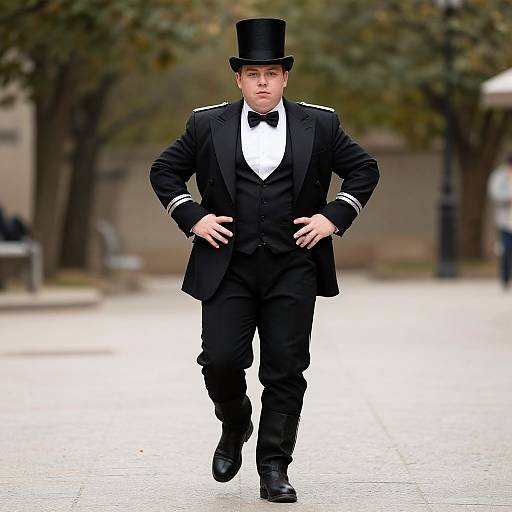 Photograph of a young man in a black tuxedo with a white shirt, black bow tie, and top hat, running confidently outdoors on a