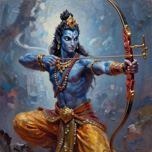Digital painting of blue-skinned, muscular Hindu god Lord Shiva, with black hair, bow, and orange dhoti, drawing a golden bow