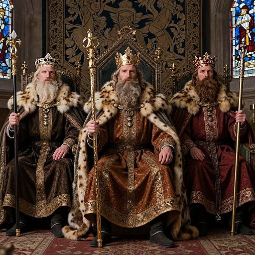 Photograph of three regal, bearded men in elaborate gold-trimmed fur robes and crowns, seated on ornate thrones in a