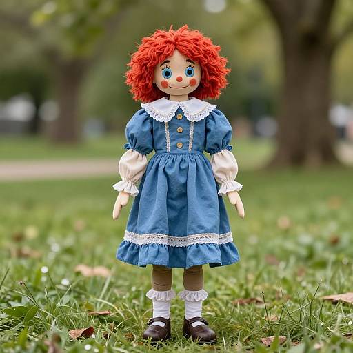 Photograph of a colorful porcelain doll with red curly hair, blue dress, white collar, and lace trim, standing on grass in a park.