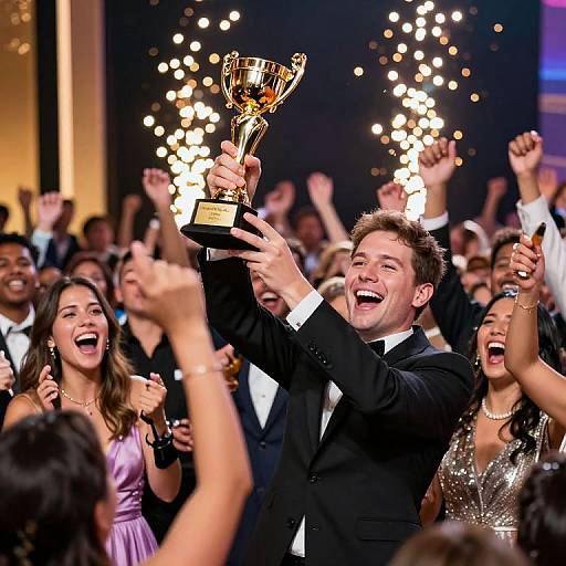 Photograph of a smiling, brown-haired man in a black tuxedo holding a gold trophy, surrounded by cheering, applauding crowd with sparkling lights