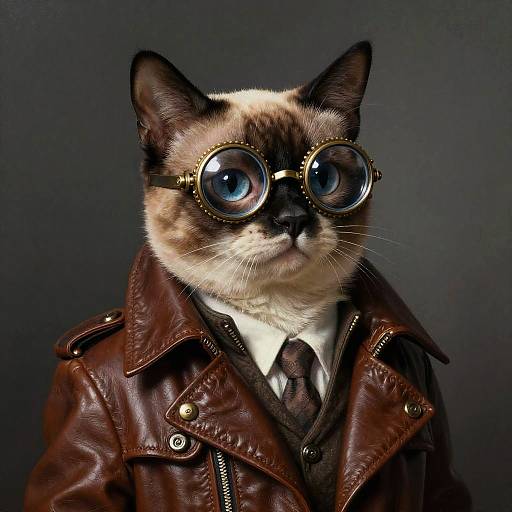 Photograph of a Siamese cat with large round glasses, wearing a brown leather jacket and white shirt with a tie, against a dark background.