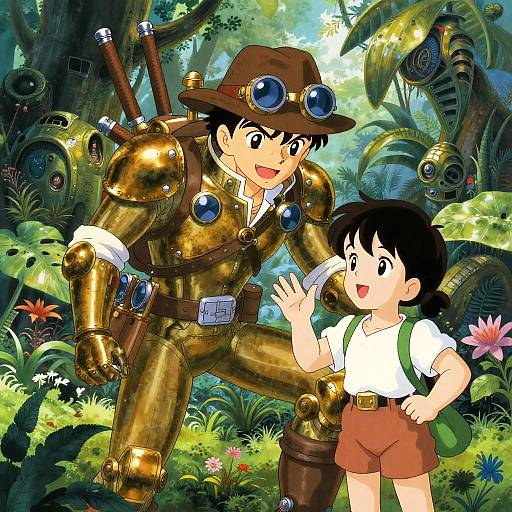 Steampunk Explorer and Young Botanist in Anime Jungle