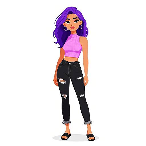 Digital illustration of a stylish woman with long purple hair, wearing a pink crop top, black ripped jeans, and black sandals, standing against a white background