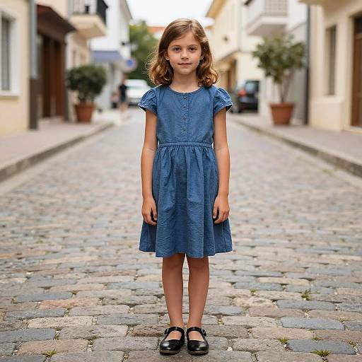 Girl in Blue Dress on Cobblestone Street