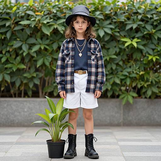 Photograph of a young girl with wavy brown hair, wearing a black hat, plaid shirt, black top, white shorts, black boots,