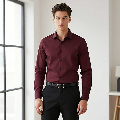 Photograph of a handsome young man with dark hair, wearing a maroon button-up shirt and black pants, standing in a bright, modern room with