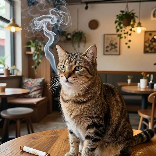 Photograph of a tabby cat with green eyes sitting on a wooden table in a cozy café, smoke swirling from its nose. Warm, lit,
