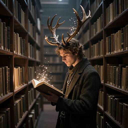Photograph of a young man with antlers, dark curly hair, and a wool coat, reading a glowing book in a dimly lit library aisle