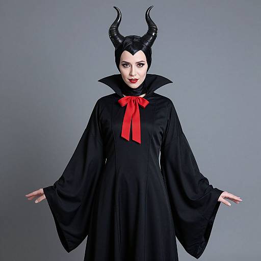 Photograph of a woman in a black, witch-like cloak with red ribbon, black horns, pale face, red lipstick, and outstretched arms