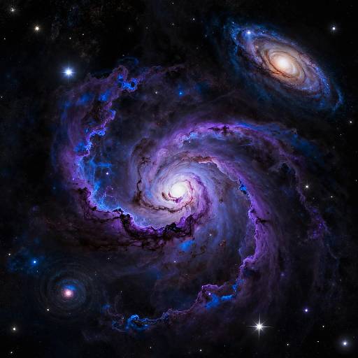 Photograph of a vibrant, swirling galaxy with bright white core, surrounded by purple and blue nebulae, set against a dark starry space background