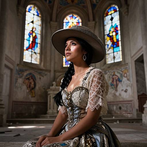 Photograph of a Latina woman with dark hair in a braid, wearing a lace dress and wide-brimmed hat, seated in a dimly