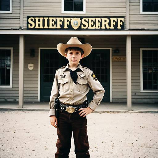 Photograph of a young boy in a beige sheriff's uniform with a cowboy hat, standing confidently in front of a gray wooden sheriff's office building with