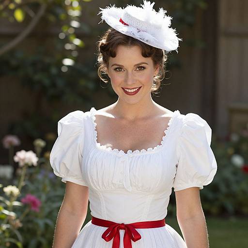 Photograph of a smiling woman in a white vintage dress with puffed sleeves, red belt, and white feathered hat, standing in a sunlit