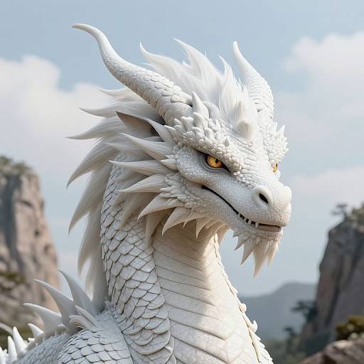 Photorealistic 3D-rendered white dragon with sharp scales, orange eyes, and prominent horns, set against a bright, cloudy sky with rocky