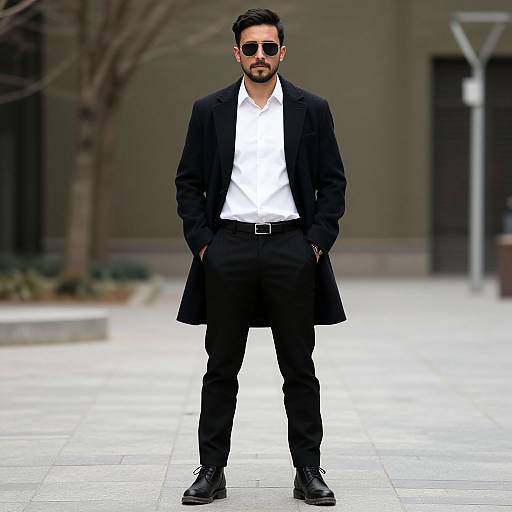 Photograph of a stylish man with dark hair and beard, wearing a black coat, white shirt, black pants, and boots, standing confidently in an