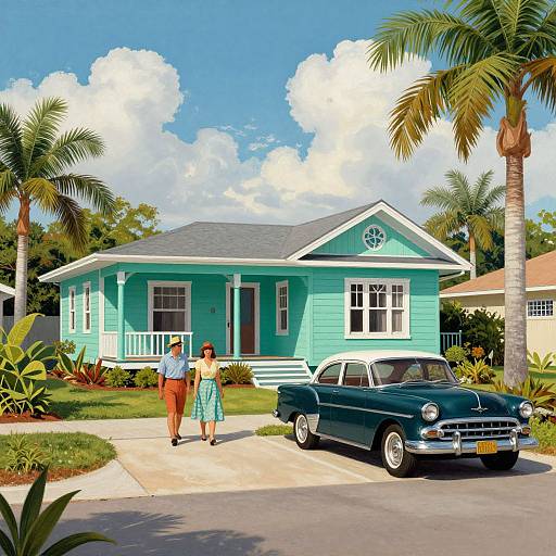 Colorful 1950s-style photograph of turquoise cottage with white trim, palm trees, two older adults walking, and a classic black and white car