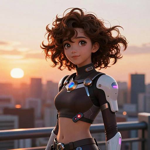 Digital artwork of a curly-haired, wide-eyed, young woman in a futuristic black and white cybernetic crop top, set against a sunset city skyline