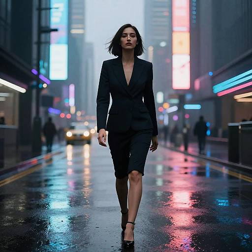 Elegant Woman in Cyberpunk Cityscape
