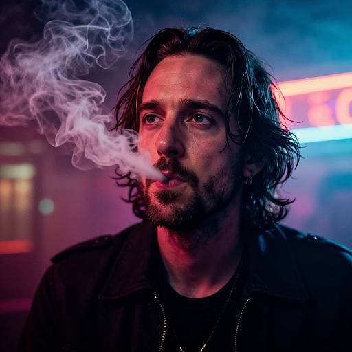 Photograph of a bearded man with long, wavy hair, smoking, illuminated by neon blue and pink lights, creating a moody, atmospheric