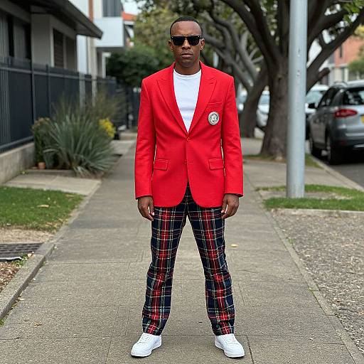Photograph of a Black man in a bright red blazer, white shirt, black plaid pants, white sneakers, and dark sunglasses, standing on