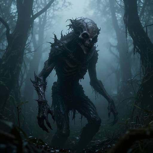 Digital horror artwork of a twisted, humanoid creature with decayed skin and sharp claws, standing in a foggy, dark forest.