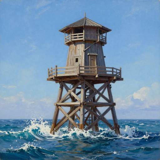 Digital painting of a wooden lifeguard tower standing in turbulent ocean waves under a bright blue sky with scattered clouds.