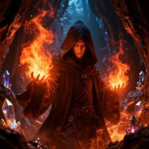Digital fantasy artwork: Hooded mage with intense gaze, glowing orange fire in hands, surrounded by dark cave, crystals, and blue moonlight.