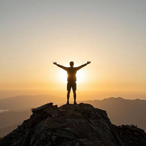 Silhouetted hiker with arms outstretched on rocky peak, sunset behind, warm orange and yellow sky, mountain range in background. Photograph