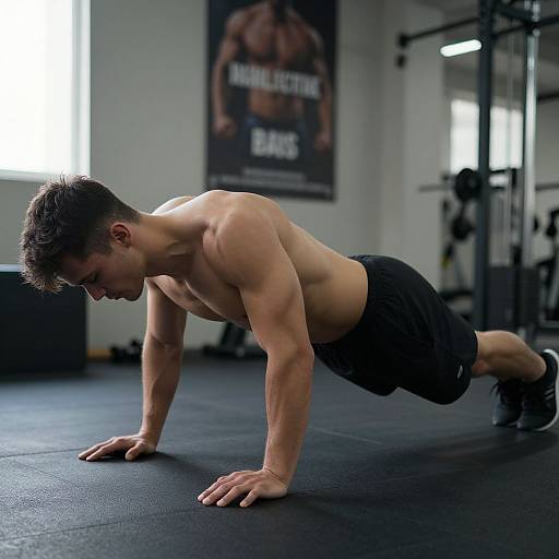 Photograph of a muscular, shirtless young man with short brown hair performing a plank exercise in a gym, wearing black shorts and black shoes. Background