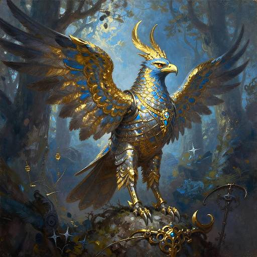 Celestial Falcon Knight in Mystical Forest