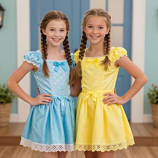Photograph of two young girls with braided hair, smiling, wearing light blue and yellow lace-trimmed dresses, standing in front of blue doors