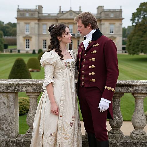 Photograph of a couple in 18th-century attire, standing on a stone balcony, gazing at each other, with a grand mansion and lush