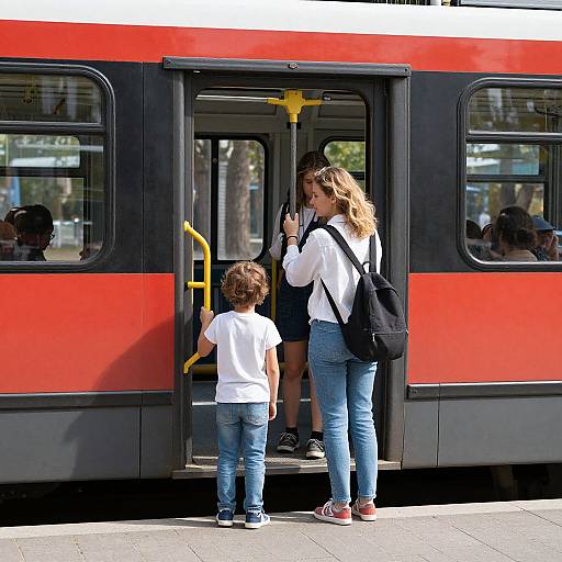 Woman and Child Boarding Tram