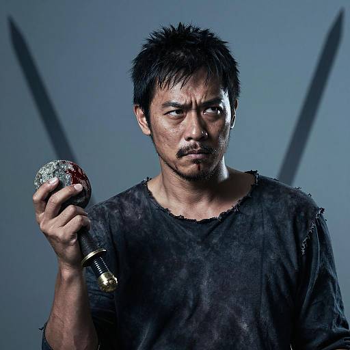 Intense Asian Man with Bloody Stone