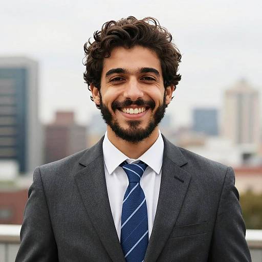 Smiling Young Man in Suit with Urban Background