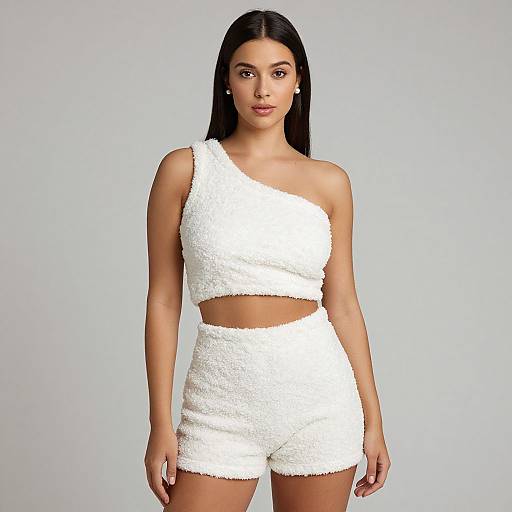 Photograph of a woman with long black hair, wearing a white, textured, one-shoulder crop top and high-waisted shorts, standing